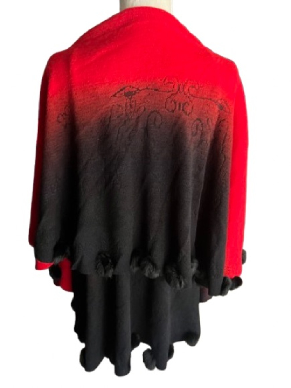 Ombre Layered circular Shawl Faux Fur Pom Pom Trim Red Black Floral Wrap Scarf - Picture 10 of 13